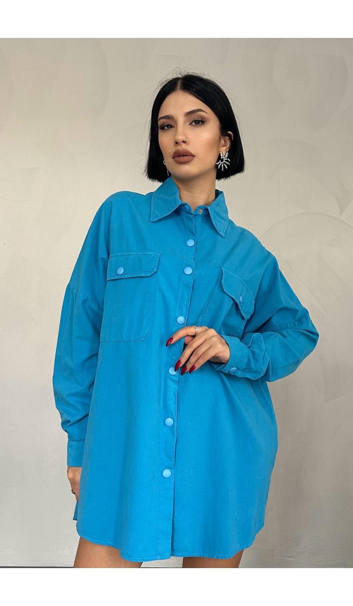 Çift Cep Kapaklı Çıtçıtlı Gömlek - Mavi