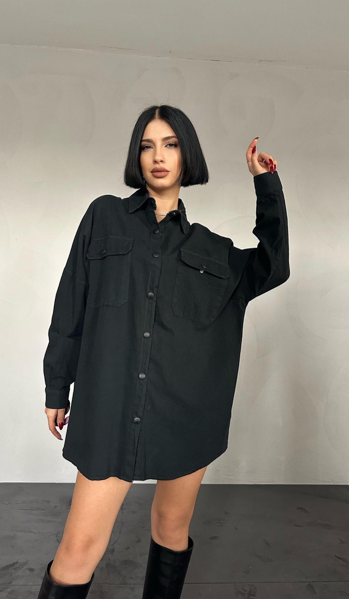 Çift Cep Kapaklı Çıtçıtlı Gömlek - Siyah
