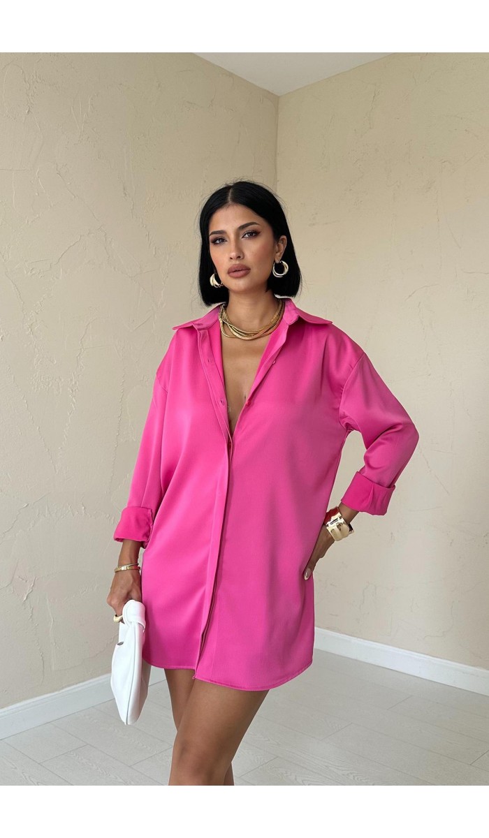 Çıtçıtlı Saten Gömlek - Fuşya