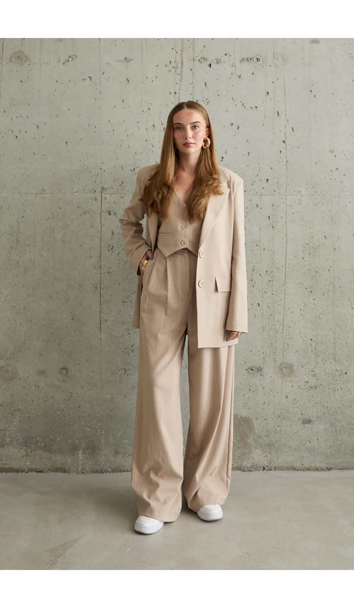 Çizgili Ceket & Yelek & Pantolon Takım - Bej