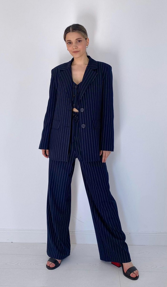 Çizgili Ceket & Yelek & Pantolon Takım - Lacivert TAKIM