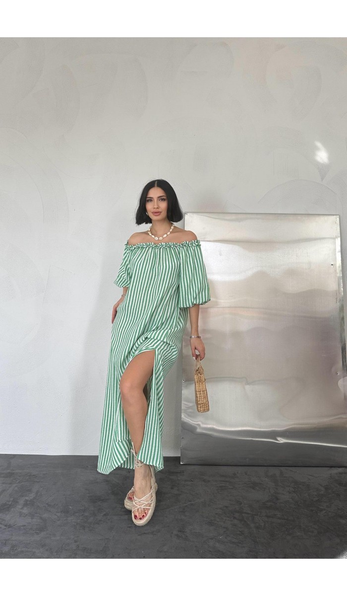 Çizgili Fırfırlı Elbise - Yeşil
