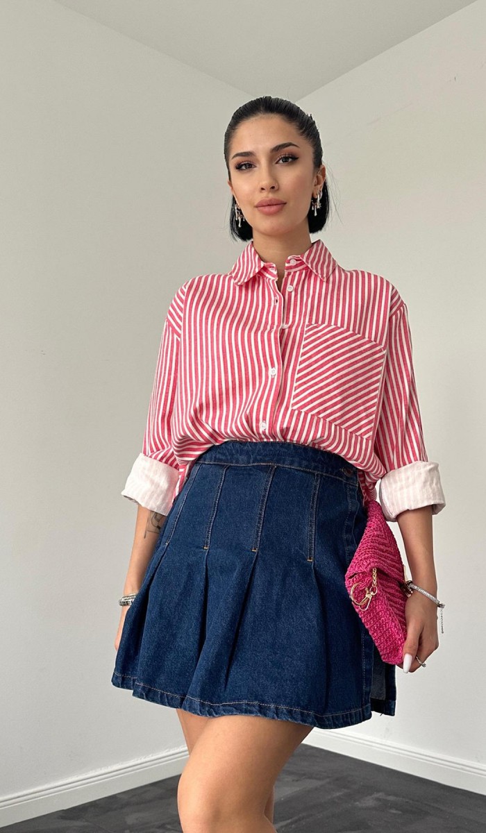 Çizgili Gabardin Yırtmaçlı Tek Cepli Gömlek - Fuşya