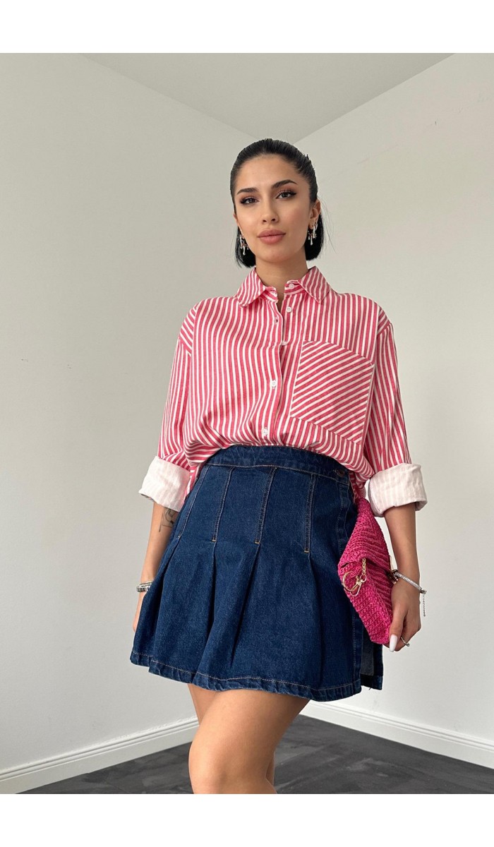 Çizgili Gabardin Yırtmaçlı Tek Cepli Gömlek - Fuşya