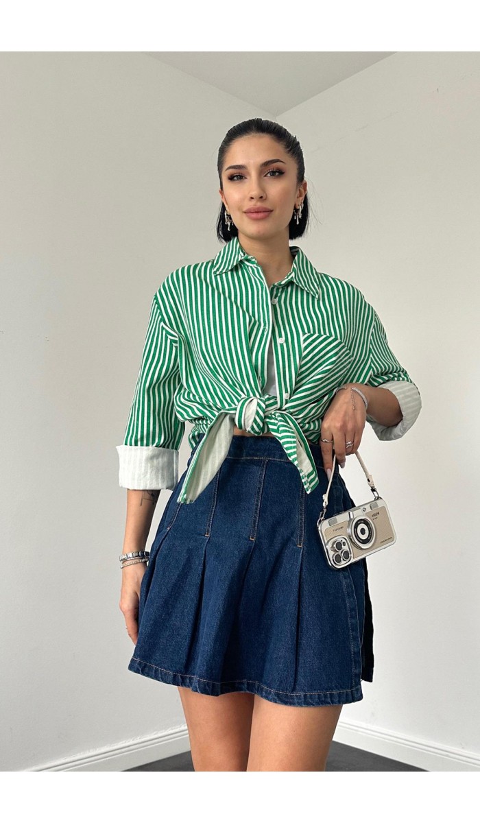 Çizgili Gabardin Yırtmaçlı Tek Cepli Gömlek - Yeşil