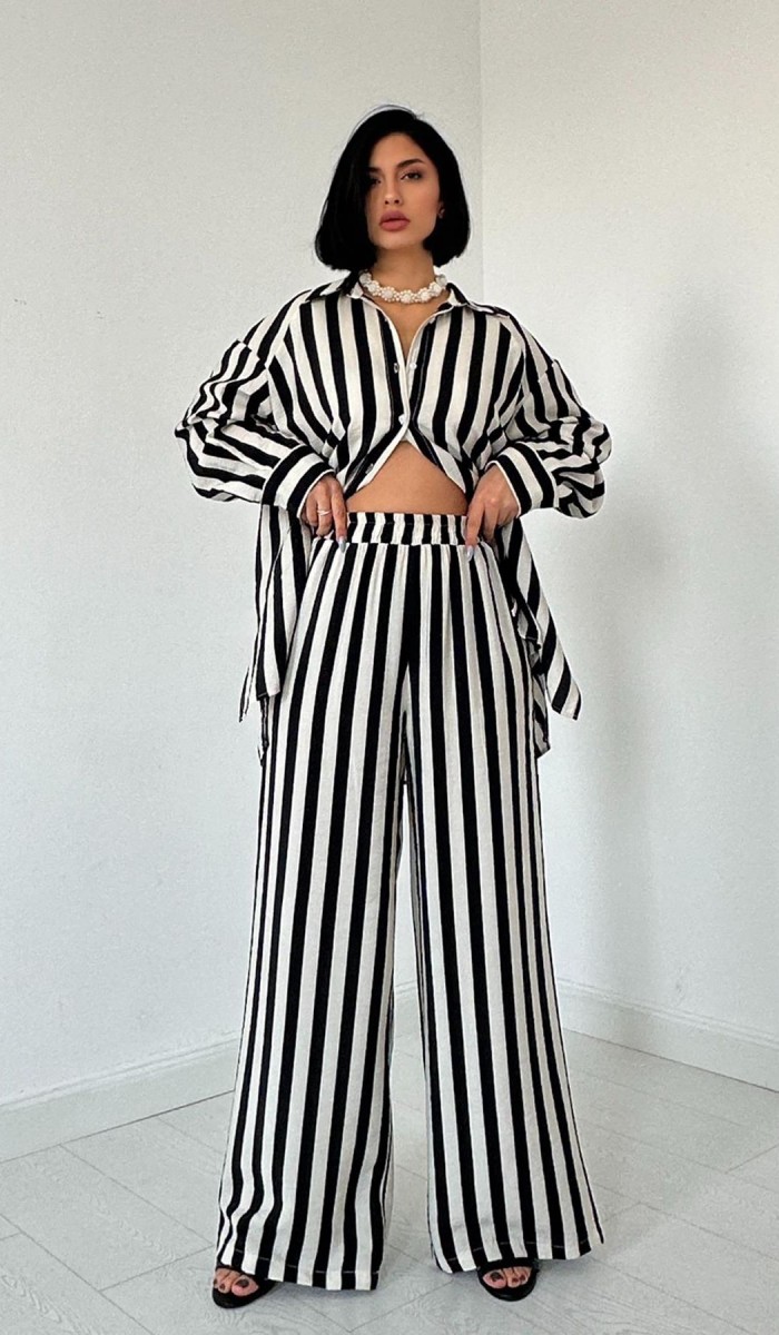 Çizgili Gömlek Ve Pantolon Takım - Ekru