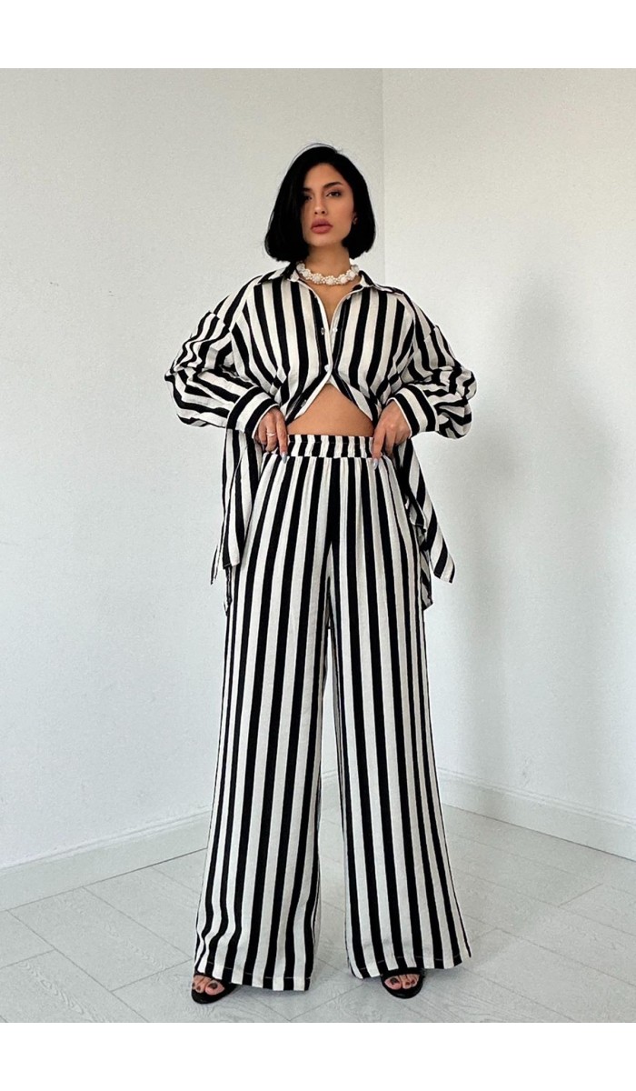 Çizgili Gömlek Ve Pantolon Takım - Ekru