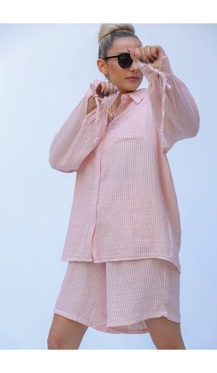 Çizgili Gömlek Ve Şort Takım - Pembe