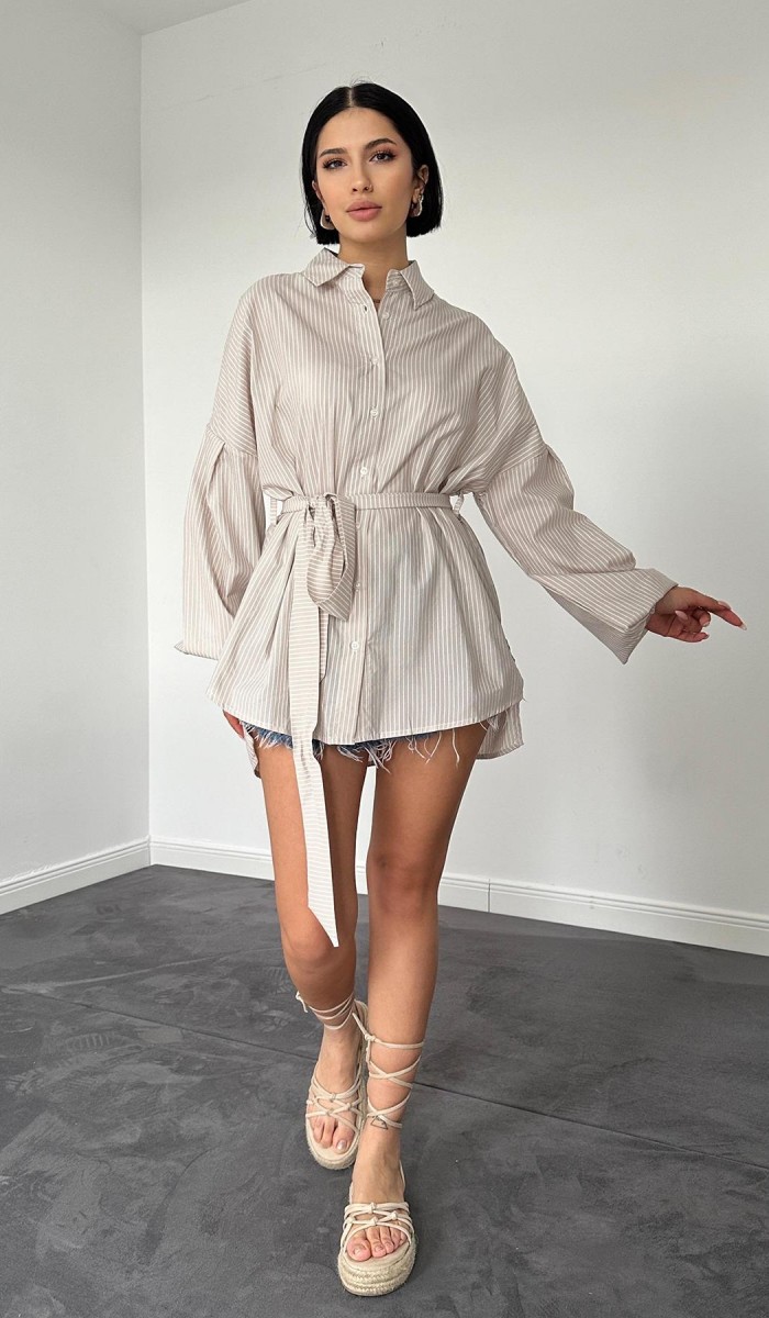 Çizgili Poplin Kuşaklı Gömlek - Açık Kahverengi