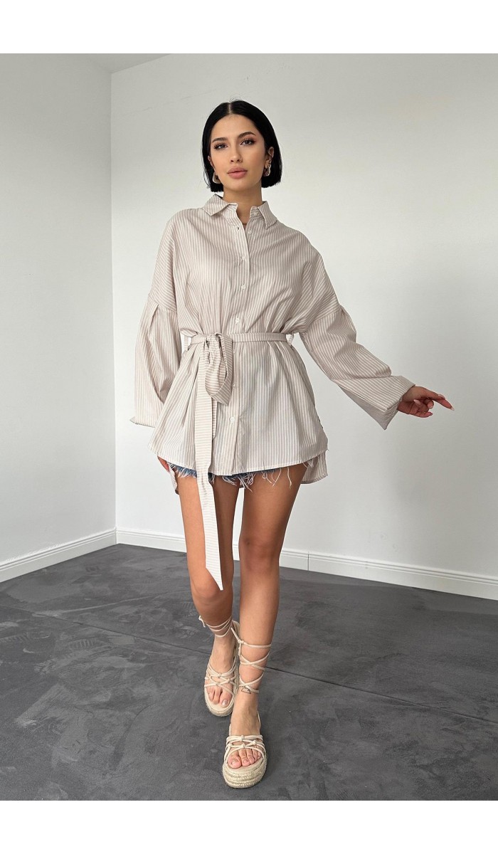 Çizgili Poplin Kuşaklı Gömlek - Açık Kahverengi