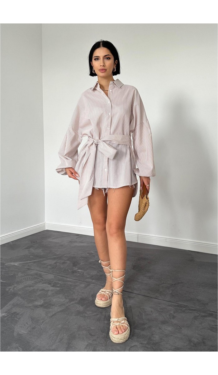 Çizgili Poplin Kuşaklı Gömlek - Kahverengi