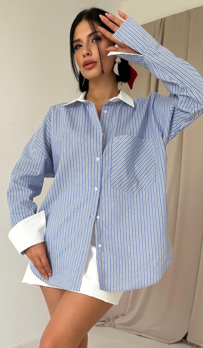 Çizgili Poplin Uzun Kol Gömlek - Mavi