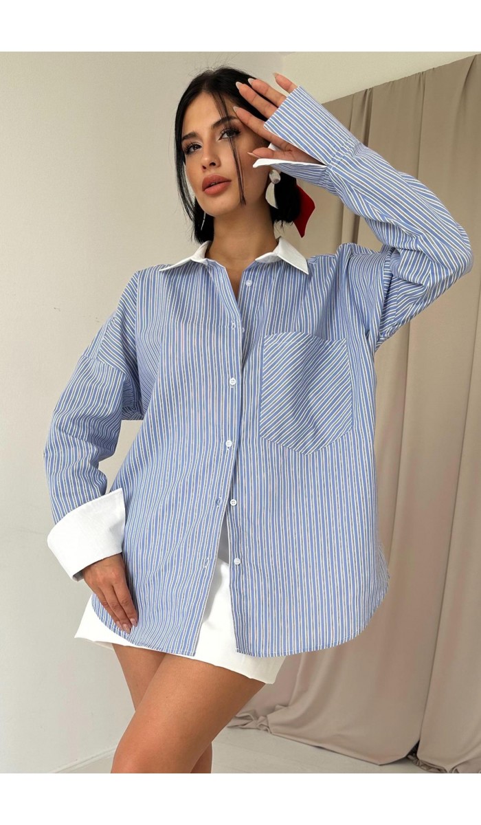 Çizgili Poplin Uzun Kol Gömlek - Mavi