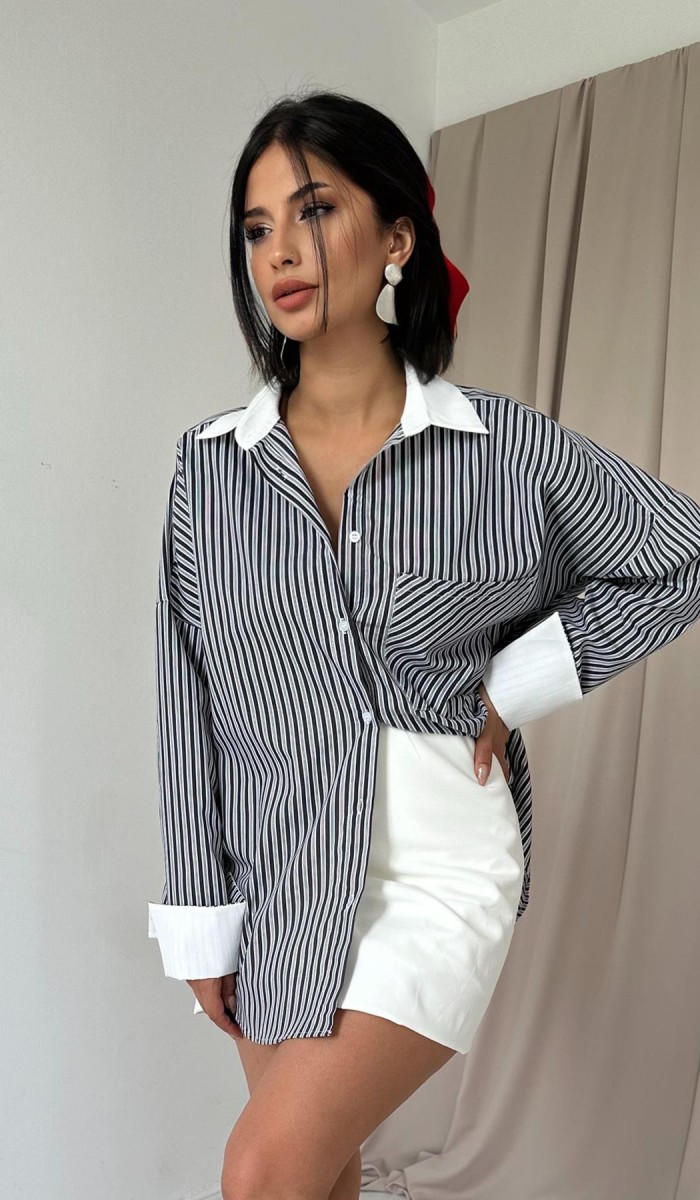 Çizgili Poplin Uzun Kol Gömlek - Siyah