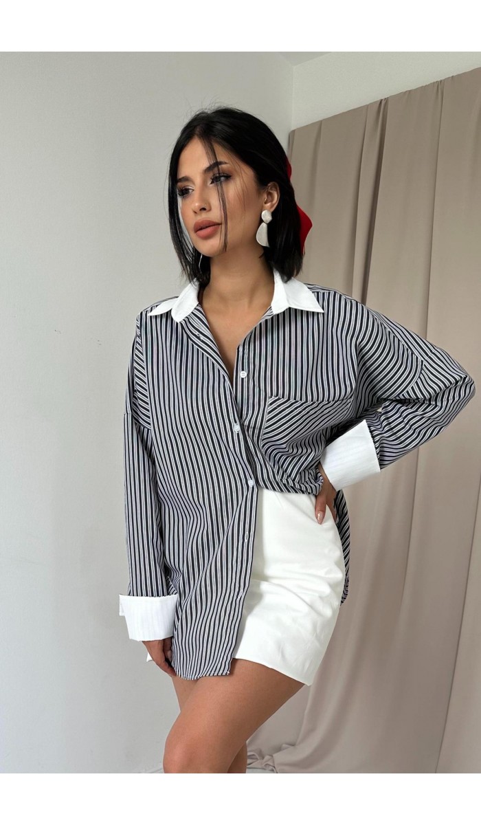 Çizgili Poplin Uzun Kol Gömlek - Siyah