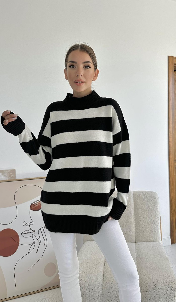 Çizgili Triko Kazak - Siyah