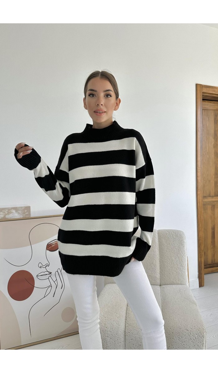 Çizgili Triko Kazak - Siyah