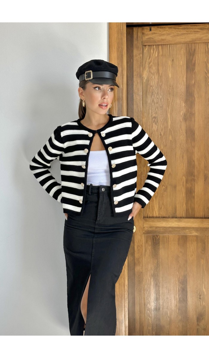 Çizgili Ve Düğmeli Triko Kazak - Siyah