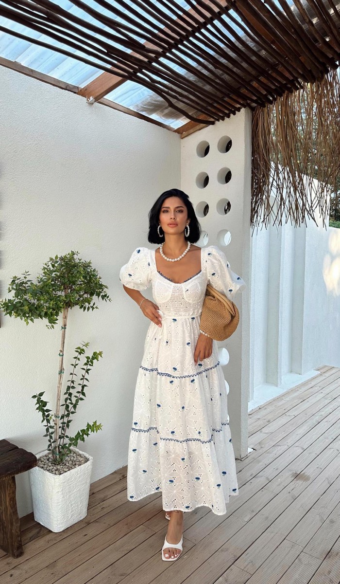 Dantel Detaylı Brode Elbise - Saks