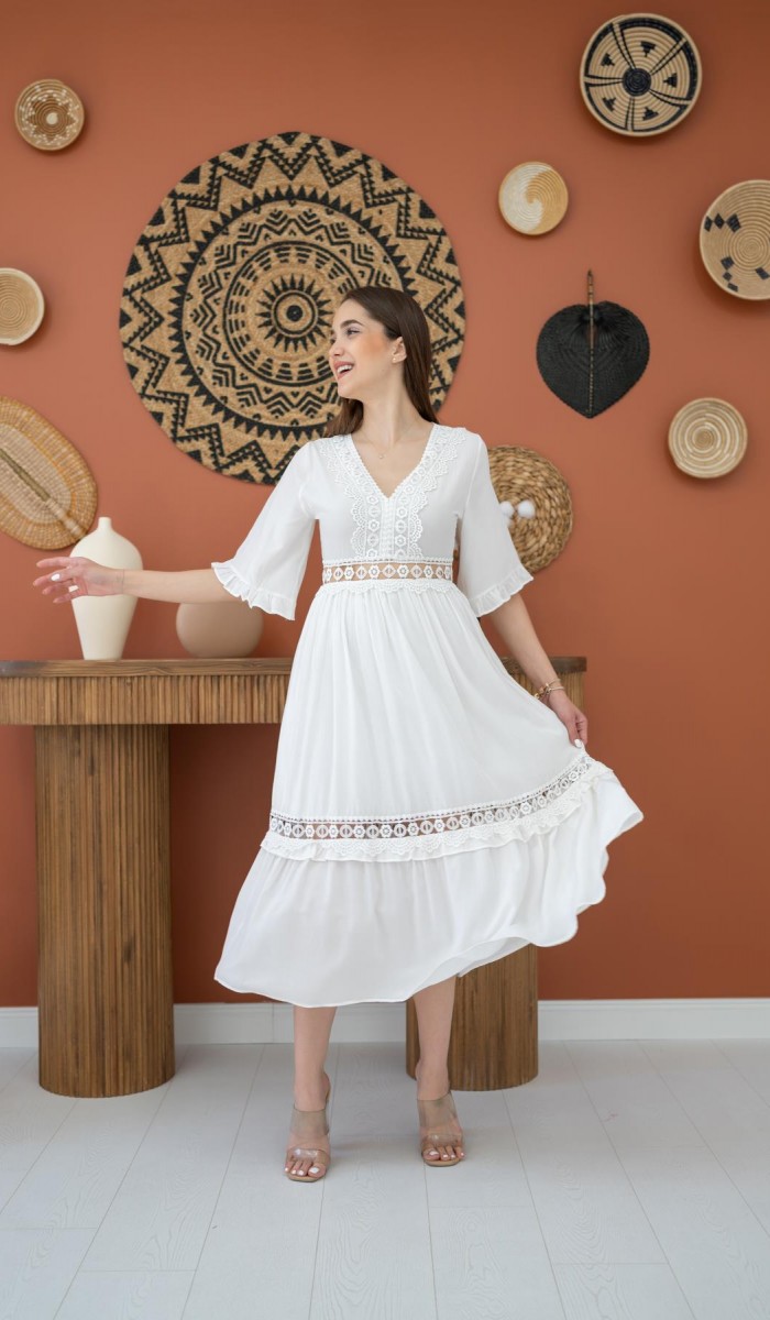 Dantel Detaylı Elbise - Beyaz