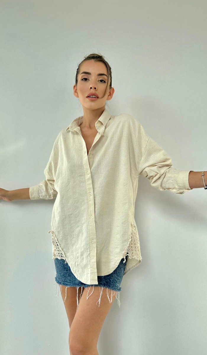 Dantel Detaylı Keten Gömlek - Bej