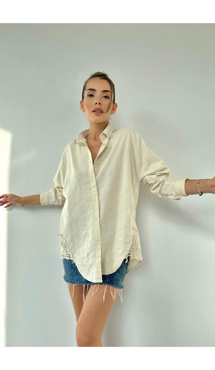 Dantel Detaylı Keten Gömlek - Bej
