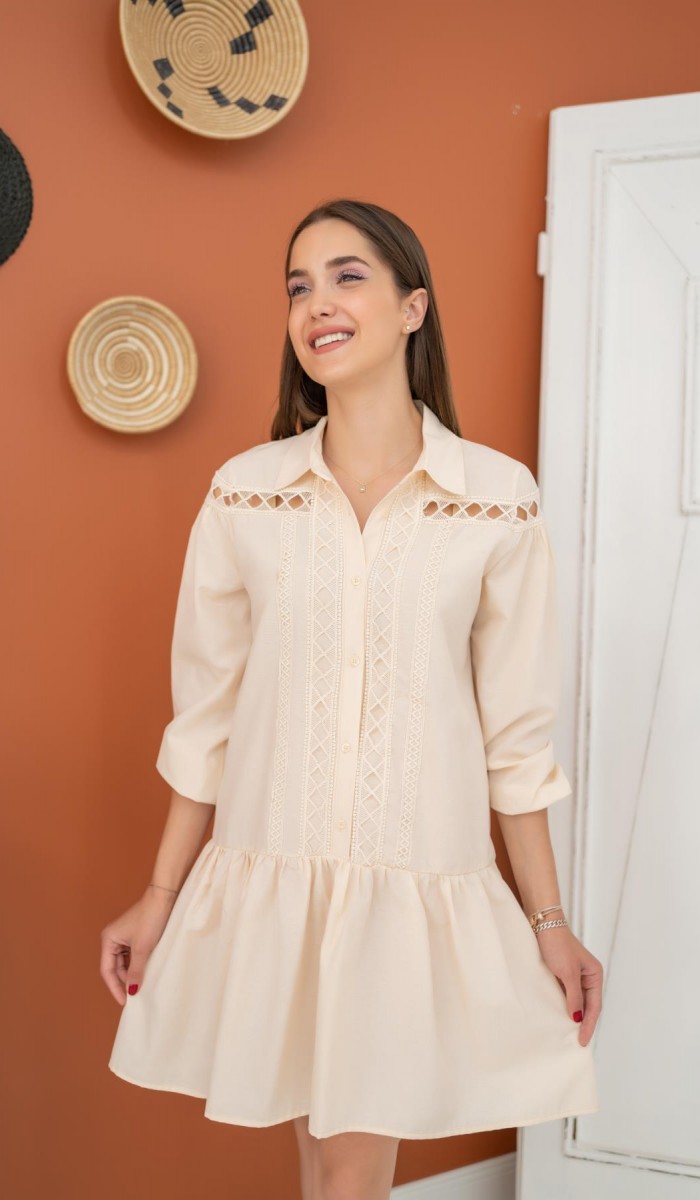 Dantelli Gömlek Elbise - Bej