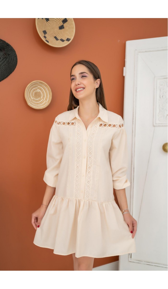 Dantelli Gömlek Elbise - Bej