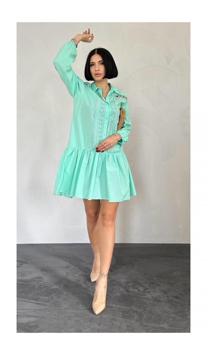 Dantelli Gömlek Elbise - Mint