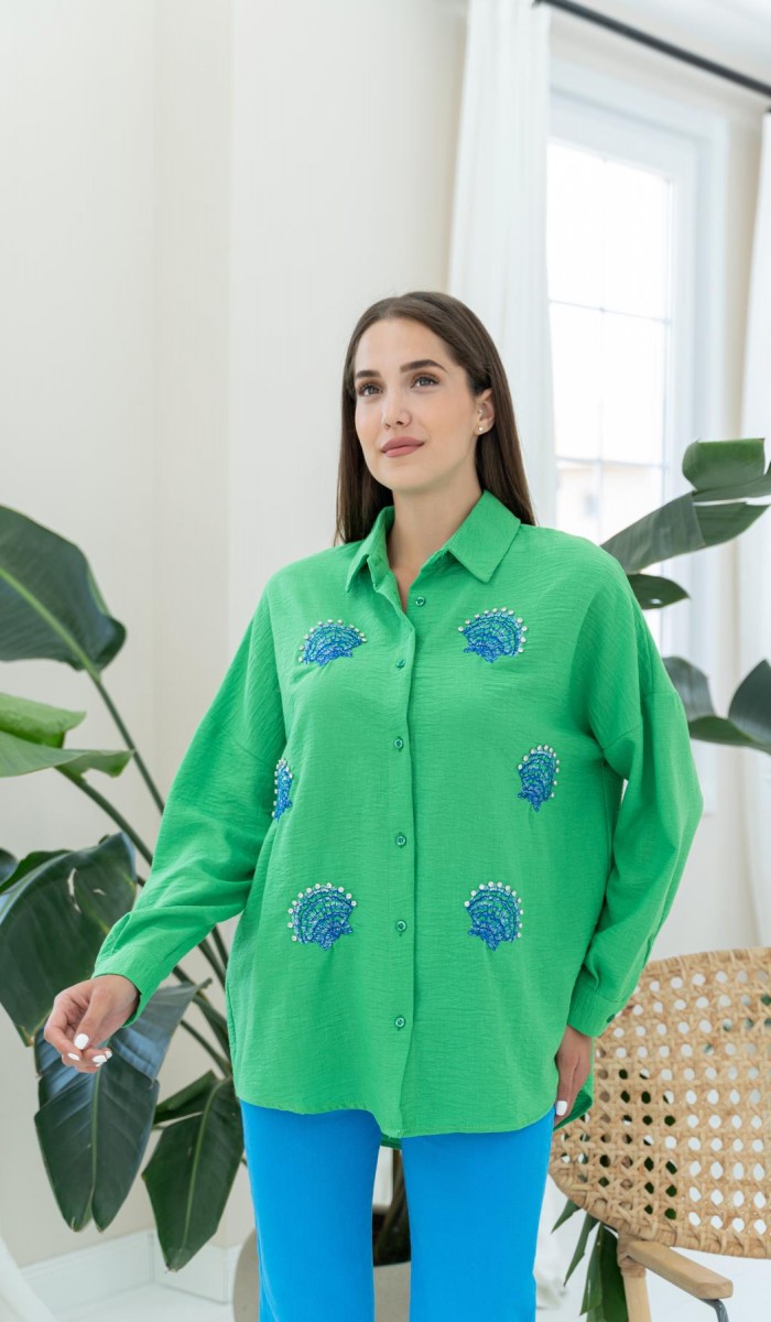 Deniz Kabuk Desenli Gömlek - Yeşil