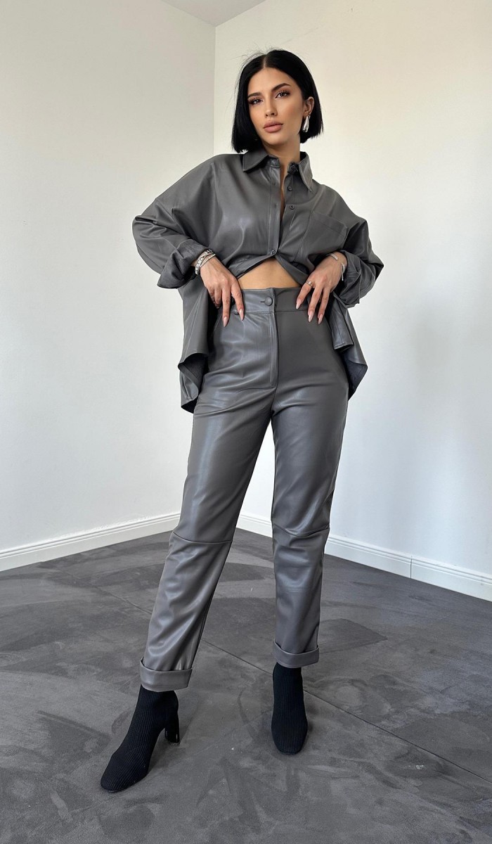 Deri Gömlek Ve Pantolon Takım - Füme