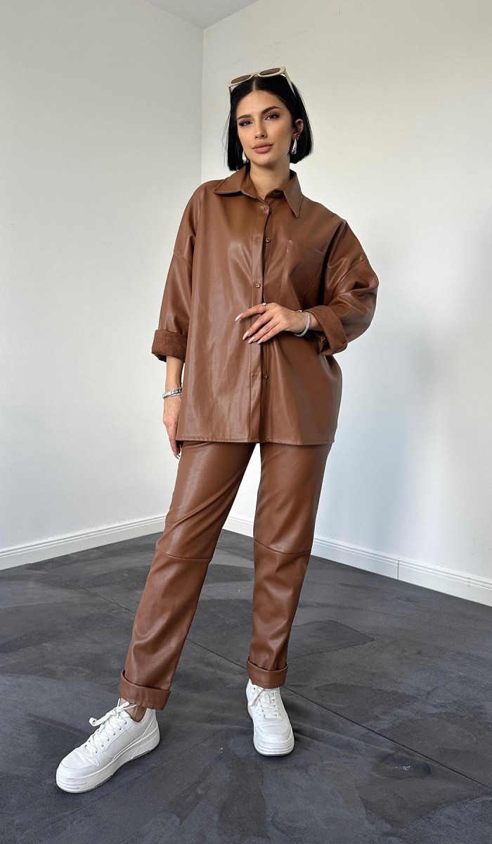 Deri Gömlek Ve Pantolon Takım - Kahverengi