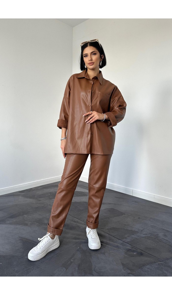 Deri Gömlek Ve Pantolon Takım - Kahverengi