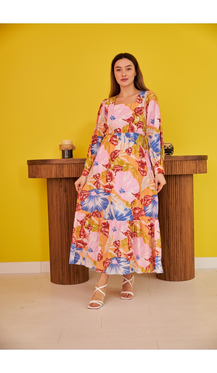 Desenli Keten Elbise - Pembe