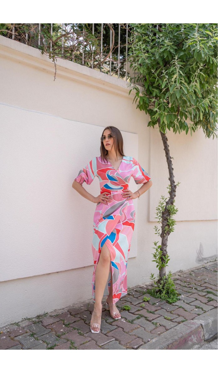 Desenli Yırtmaçlı Elbise - Pembe Desenli Yırtmaçlı Elbise - Pembe