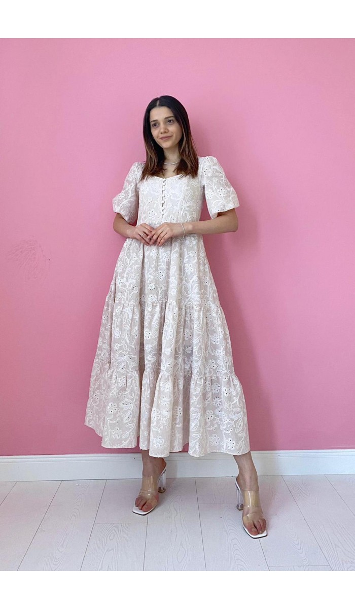 Düğmeli Brode Elbise - Bej