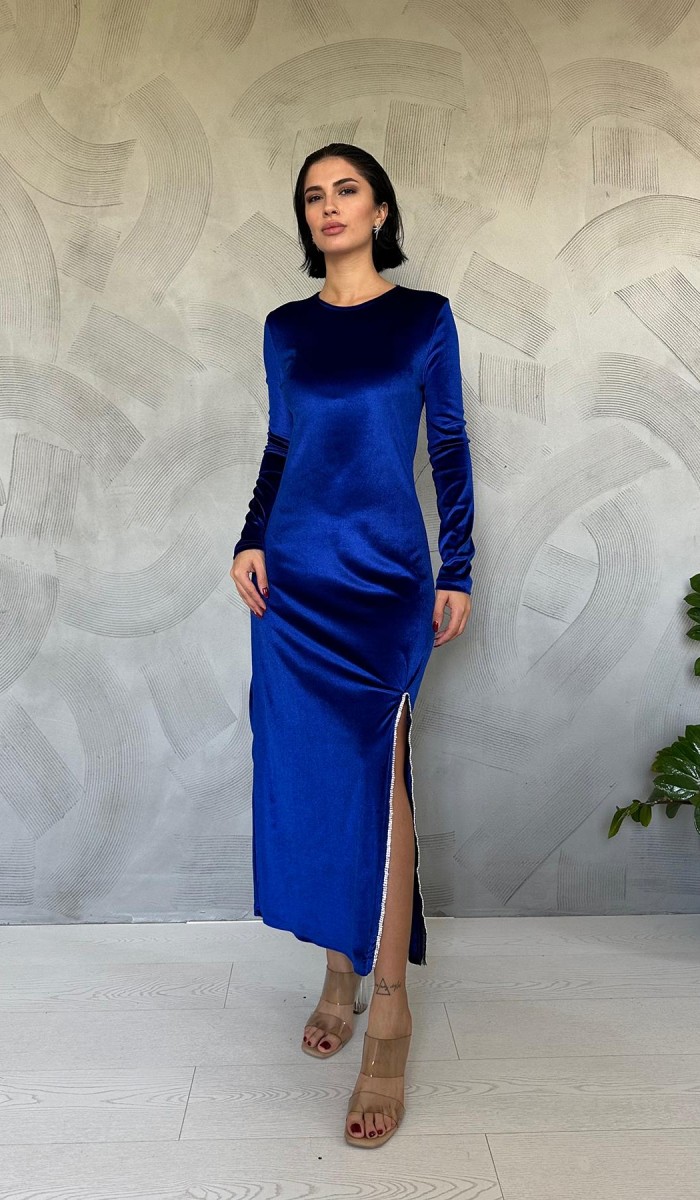 Eteği Yırtmaçlı Kadife Elbise - Saks