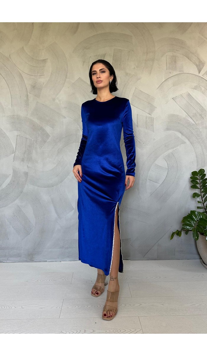 Eteği Yırtmaçlı Kadife Elbise - Saks