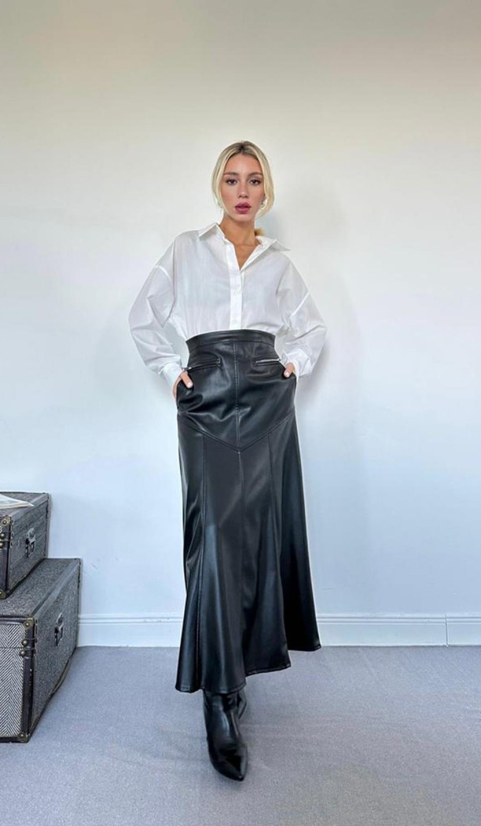 Fermuar Detaylı Deri Etek - Siyah Fermuar Detaylı Deri Etek - Siyah