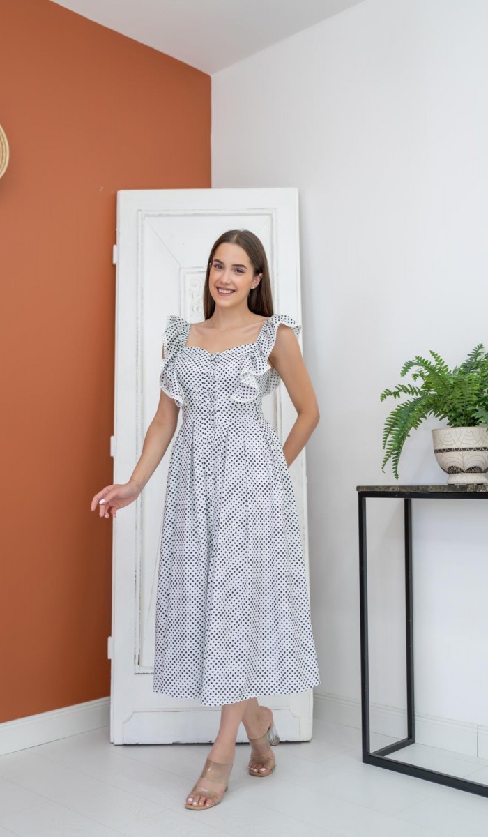 Fırfırlı Puantiyeli Sıfır Kol Elbise - Siyah ELBİSE