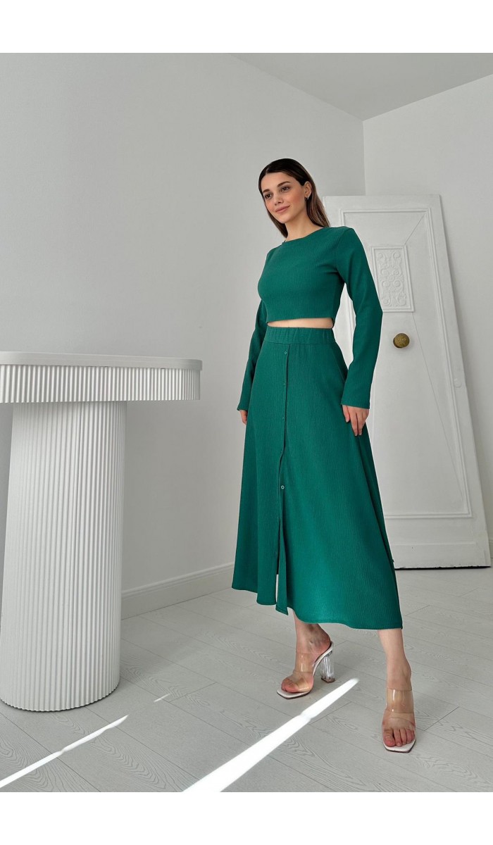 Fitilli Bluz Ve Etek Takım - Zümrüt