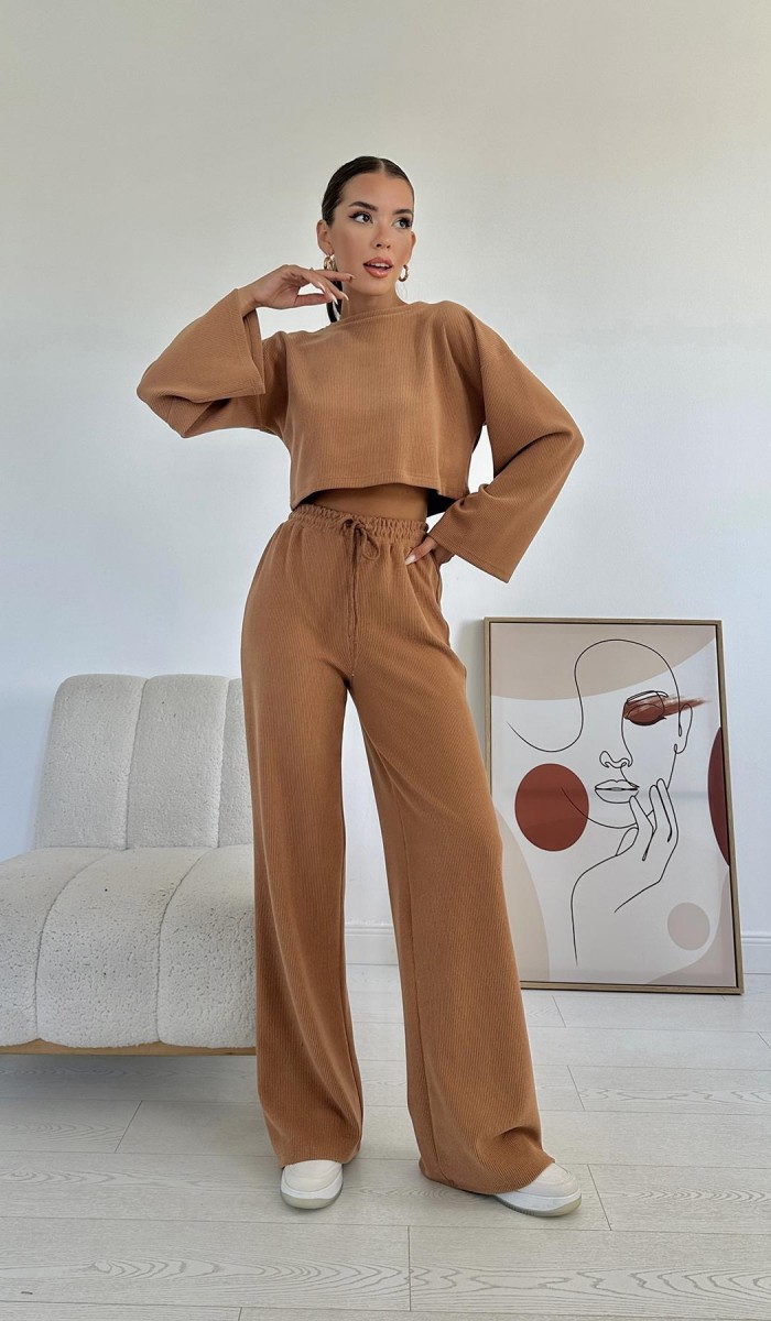 Fitilli Bluz Ve Pantolon Takım - Kamel