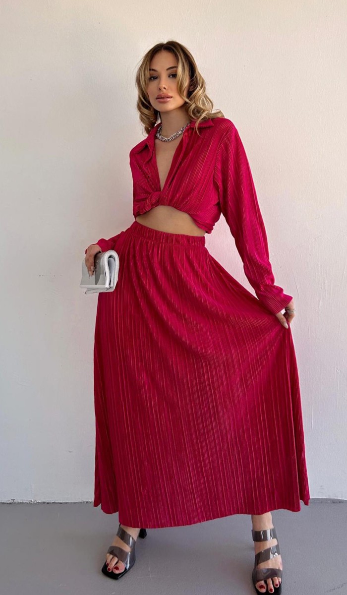 Fitilli Gömlek Ve Uzun Etek Takım - Fuşya Fitilli Gömlek Ve Uzun Etek Takım - Fuşya