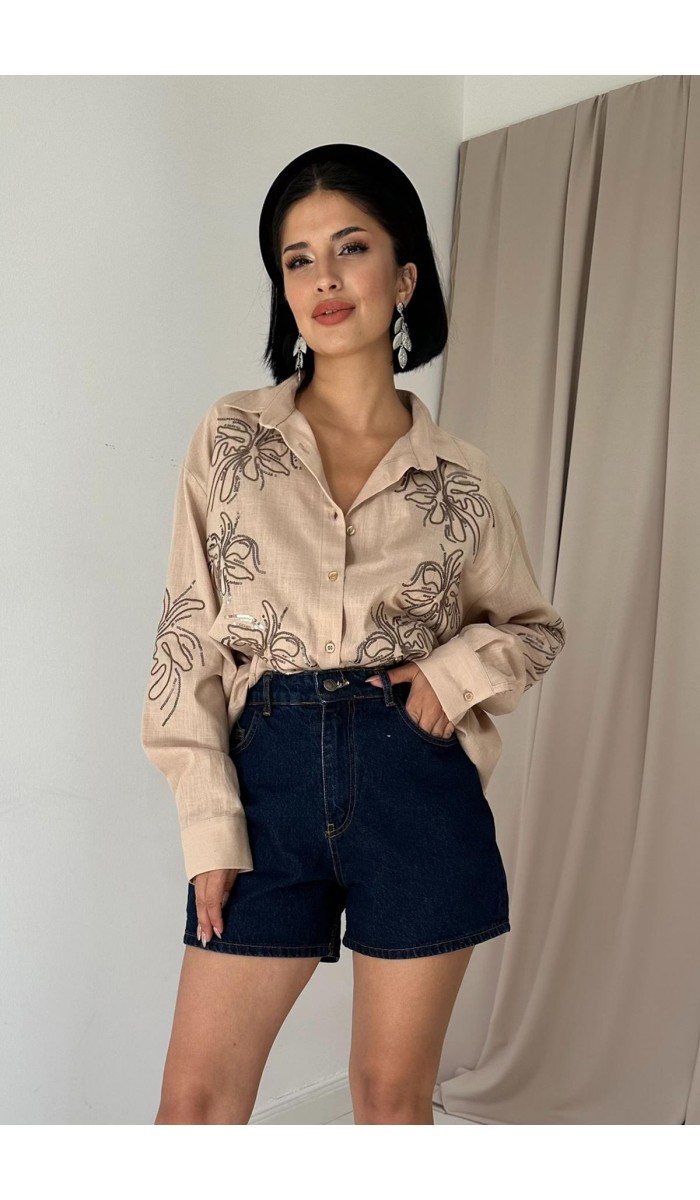 Flamlı Keten Nakışlı Pullu Gömlek - Vizon