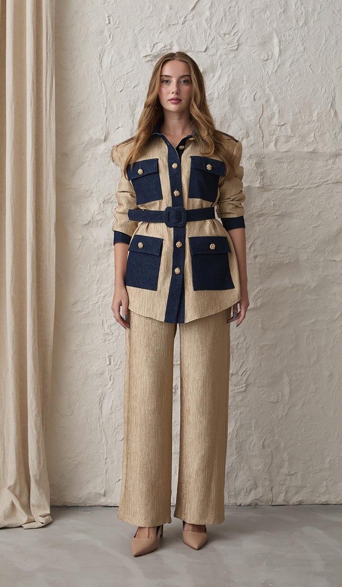 Garnili Cepli Gömlek Ve Pantolon Takım - Sarı