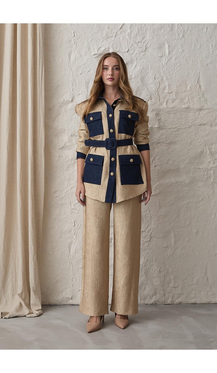 Garnili Cepli Gömlek Ve Pantolon Takım - Sarı