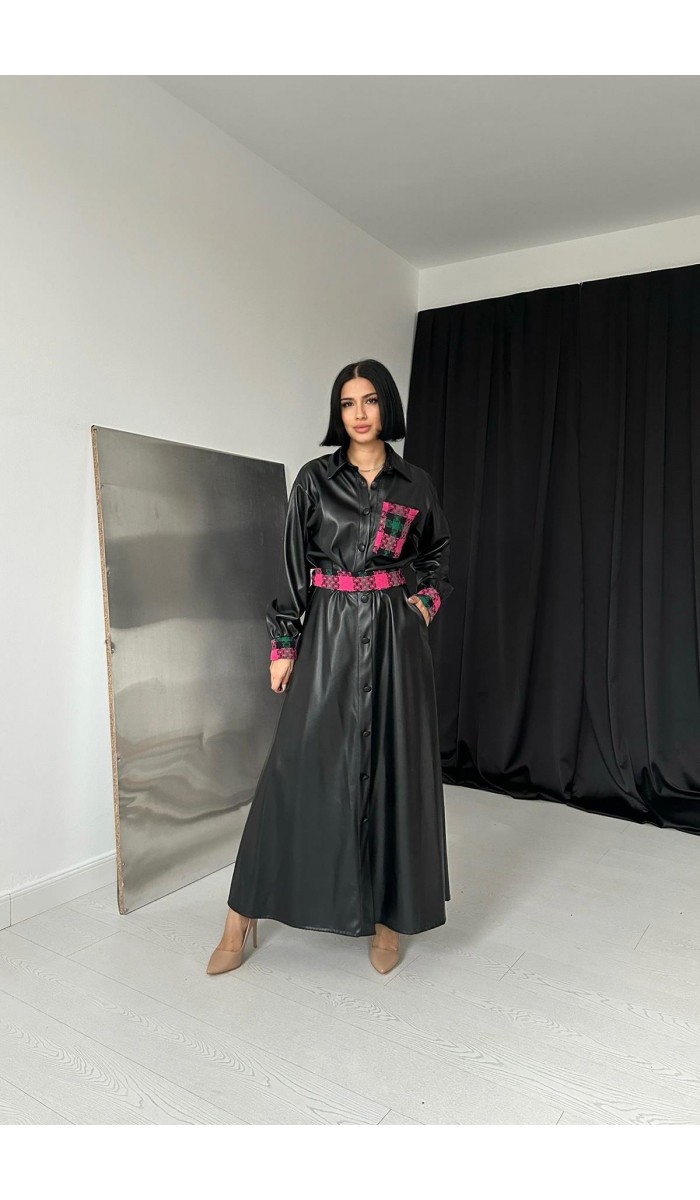 Garnili Etekli Deri Takım - Siyah