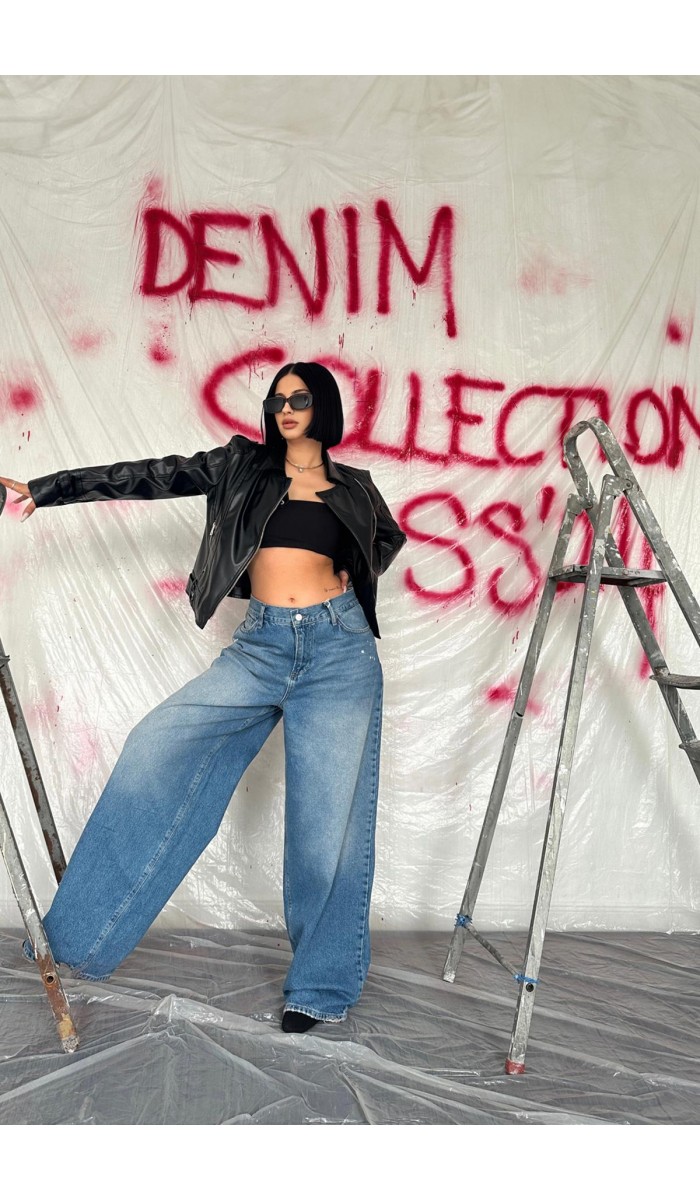 Geniş Paça Jeans Pantolon - Mavi