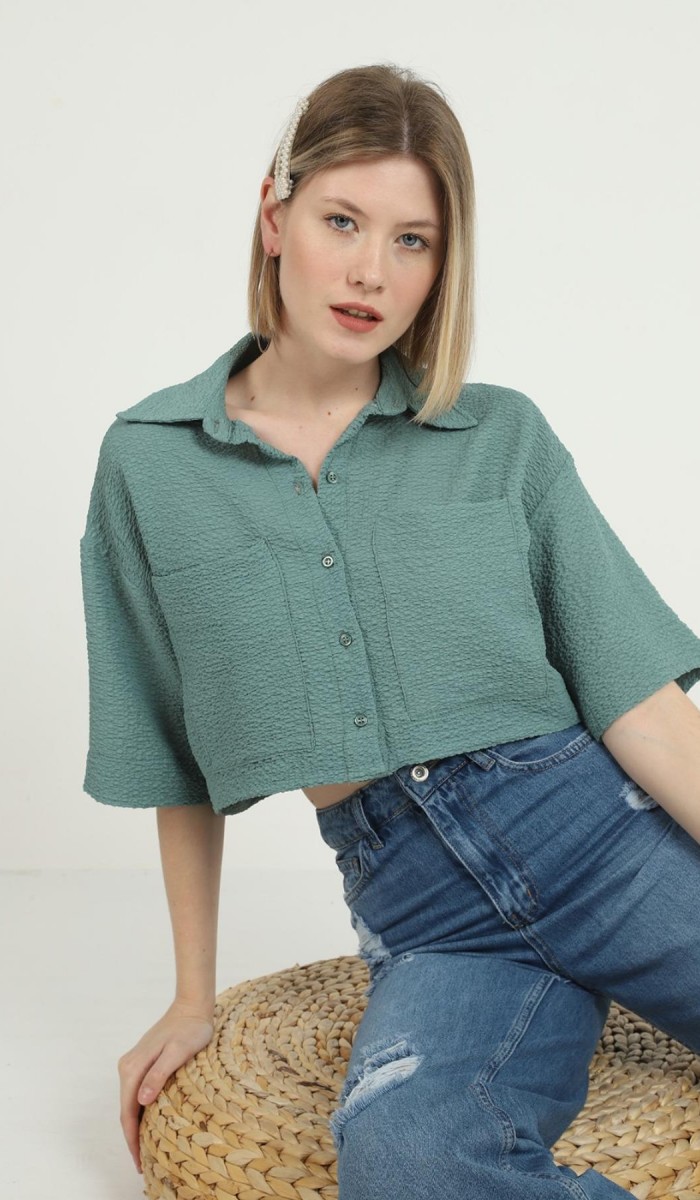 Gofre Desenli Cepli Gömlek - Mint