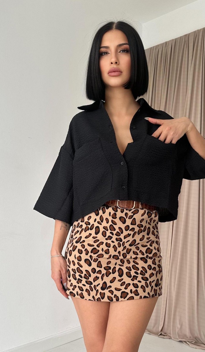 Gofre Desenli Cepli Gömlek - Siyah